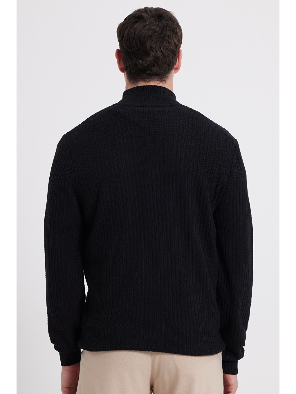 Erkek Slim Fit Dar Kesim Dik Yaka Fermuarlı Siyah Kazak-5