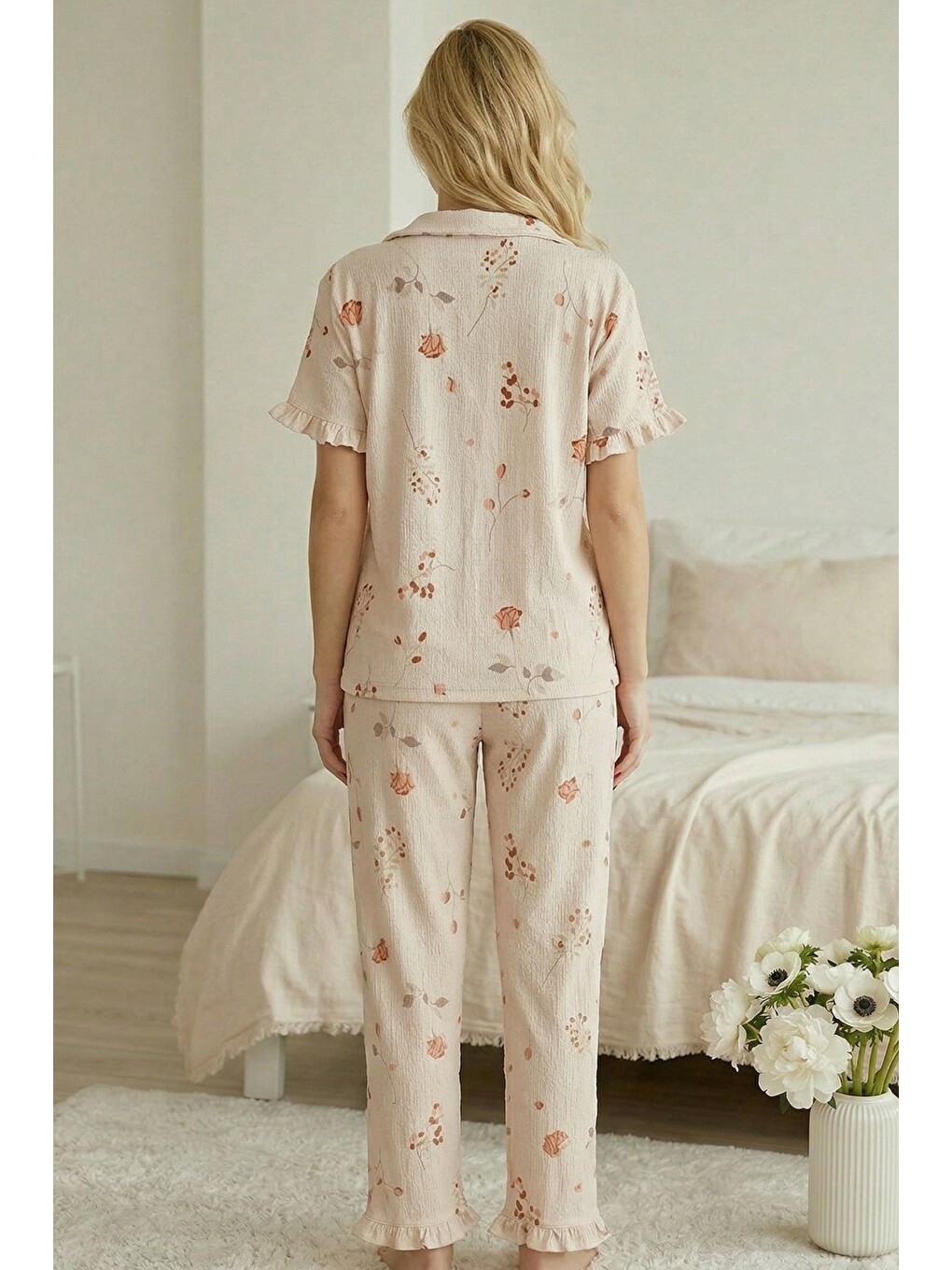 Bej Bürümcük-krınkıl Kısa Kollu Düğmeli Biyeli Pijama Takım 7930-2