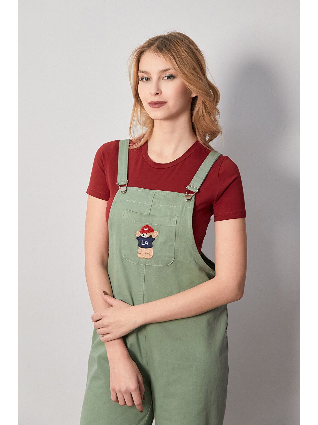 Turkuaz Ayıcık Nakışlı Askılı Önü Cepli Tulum