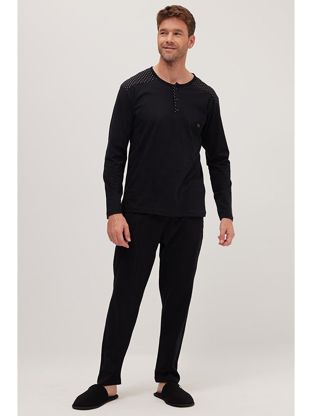 Erkek Standart Fit Normal Kesim %100 Pamuk Bisiklet Yaka Beli Lastikli Siyah Pijama Takımı-3