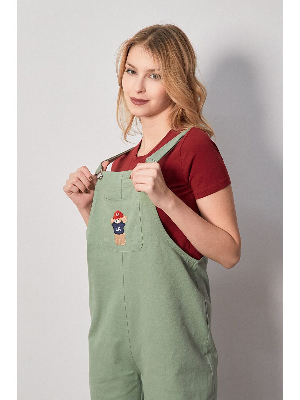 Turkuaz Ayıcık Nakışlı Askılı Önü Cepli Tulum-1