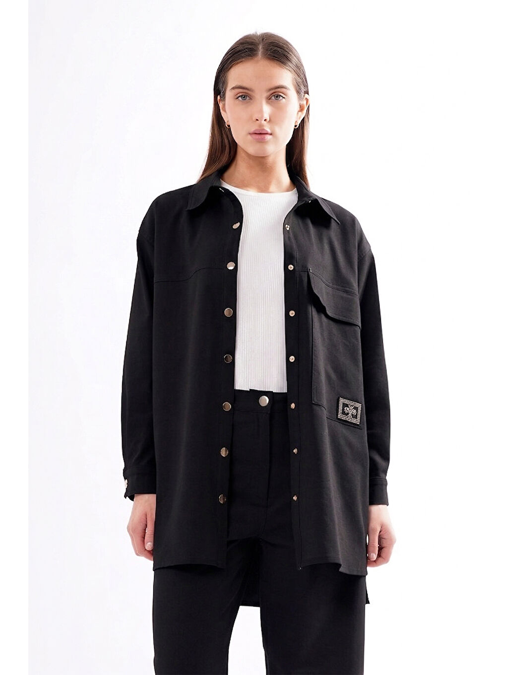 Cebi İşleme Detaylı Önden Çıt Çıtlı Denim Ceket Gömlek 871 Siyah