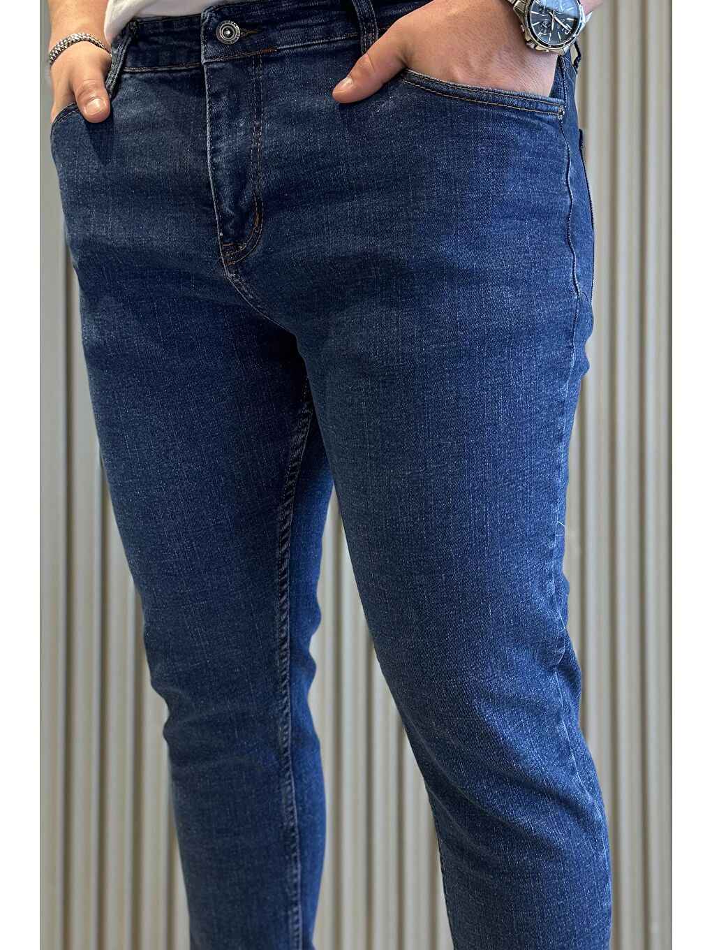 Mavi Fermuarlı Erkek Slim Fit Jean Pantolon-3