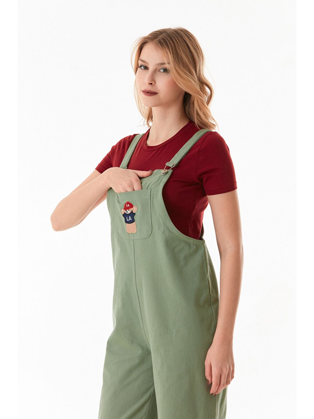 Turkuaz Ayıcık Nakışlı Askılı Önü Cepli Tulum-3