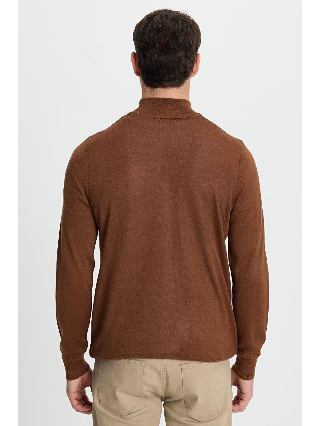 Erkek Standart Fit Normal Kesim Yarım Balıkçı Yaka Düz Kahverengi Triko Kazak-6