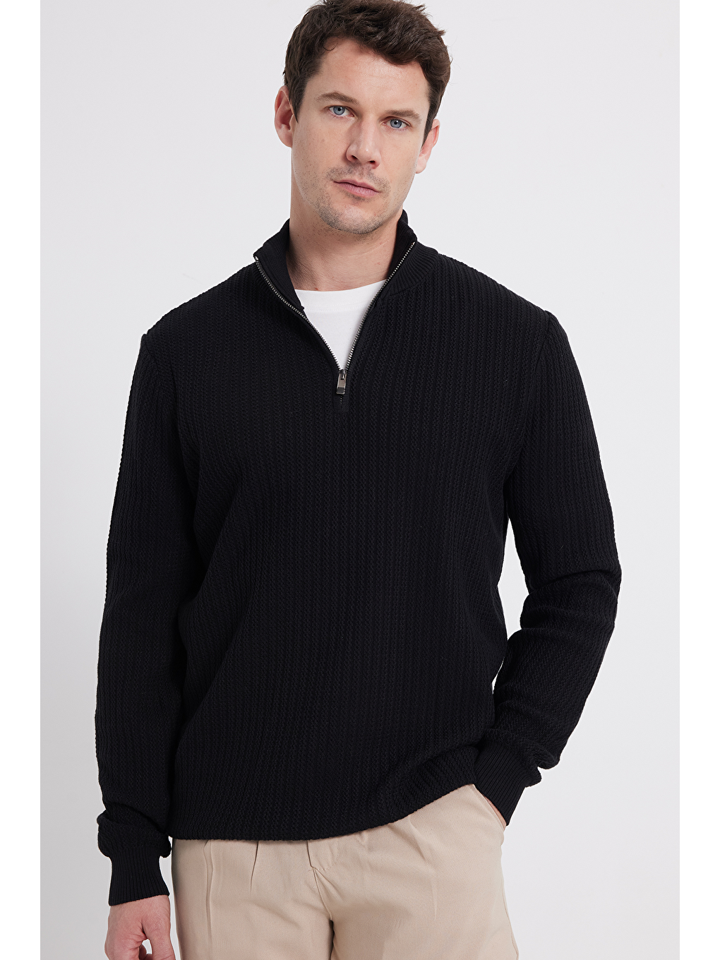 Erkek Slim Fit Dar Kesim Dik Yaka Fermuarlı Siyah Kazak-6