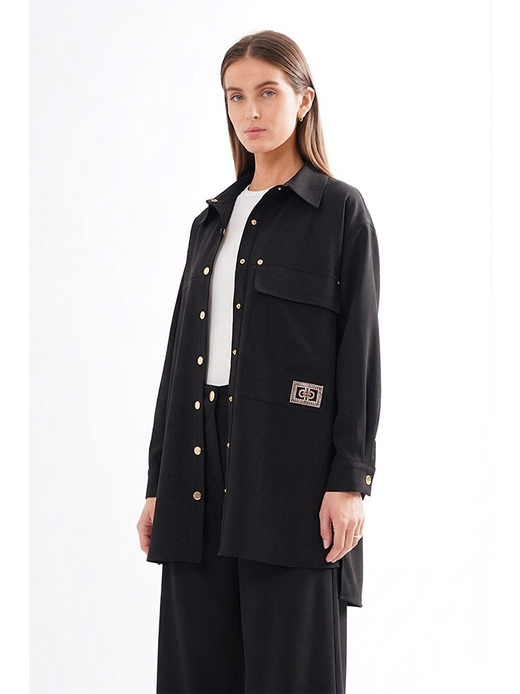 Cebi İşleme Detaylı Önden Çıt Çıtlı Denim Ceket Gömlek 871 Siyah-1