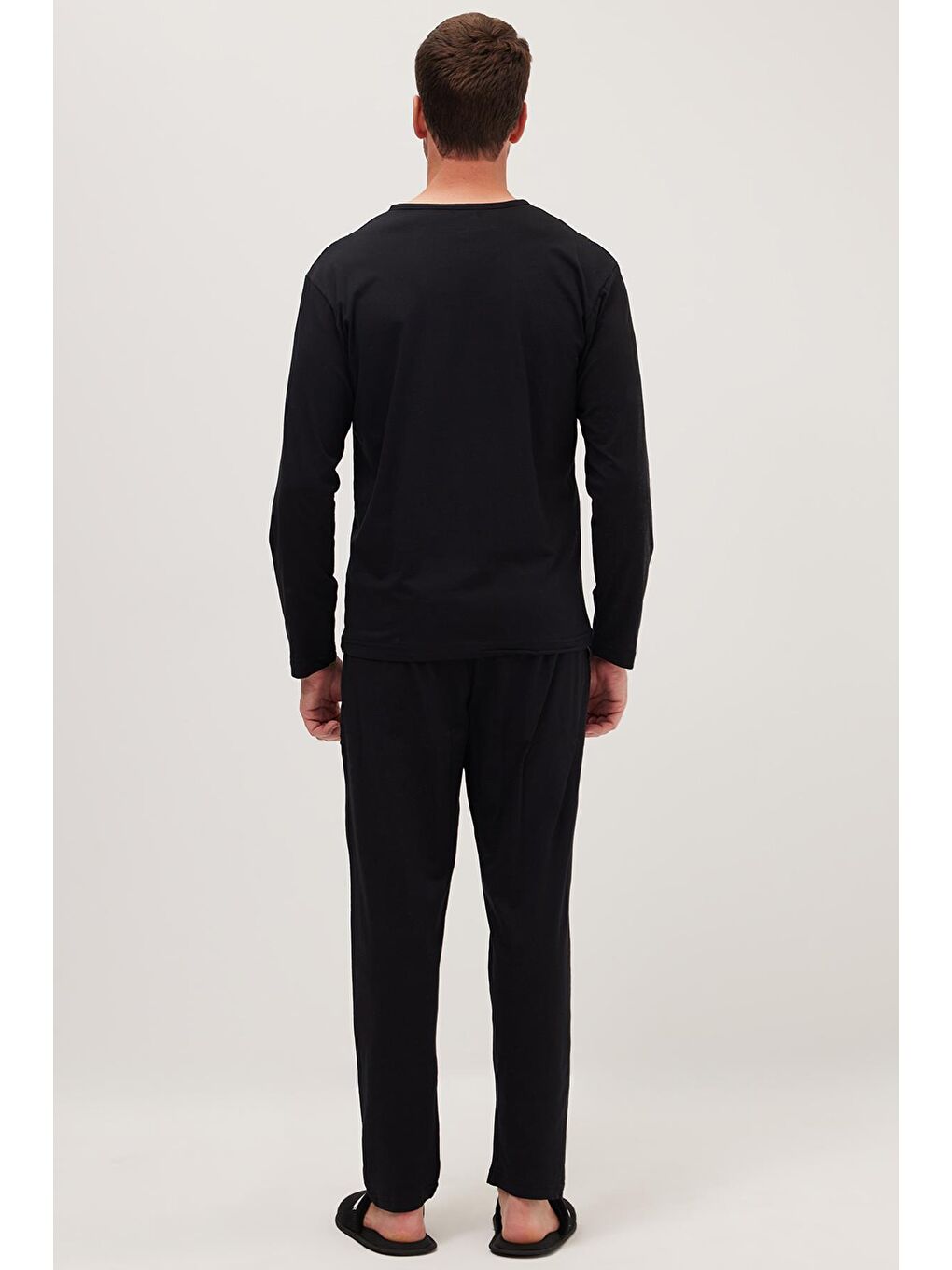 Erkek Standart Fit Normal Kesim %100 Pamuk Bisiklet Yaka Beli Lastikli Siyah Pijama Takımı-6