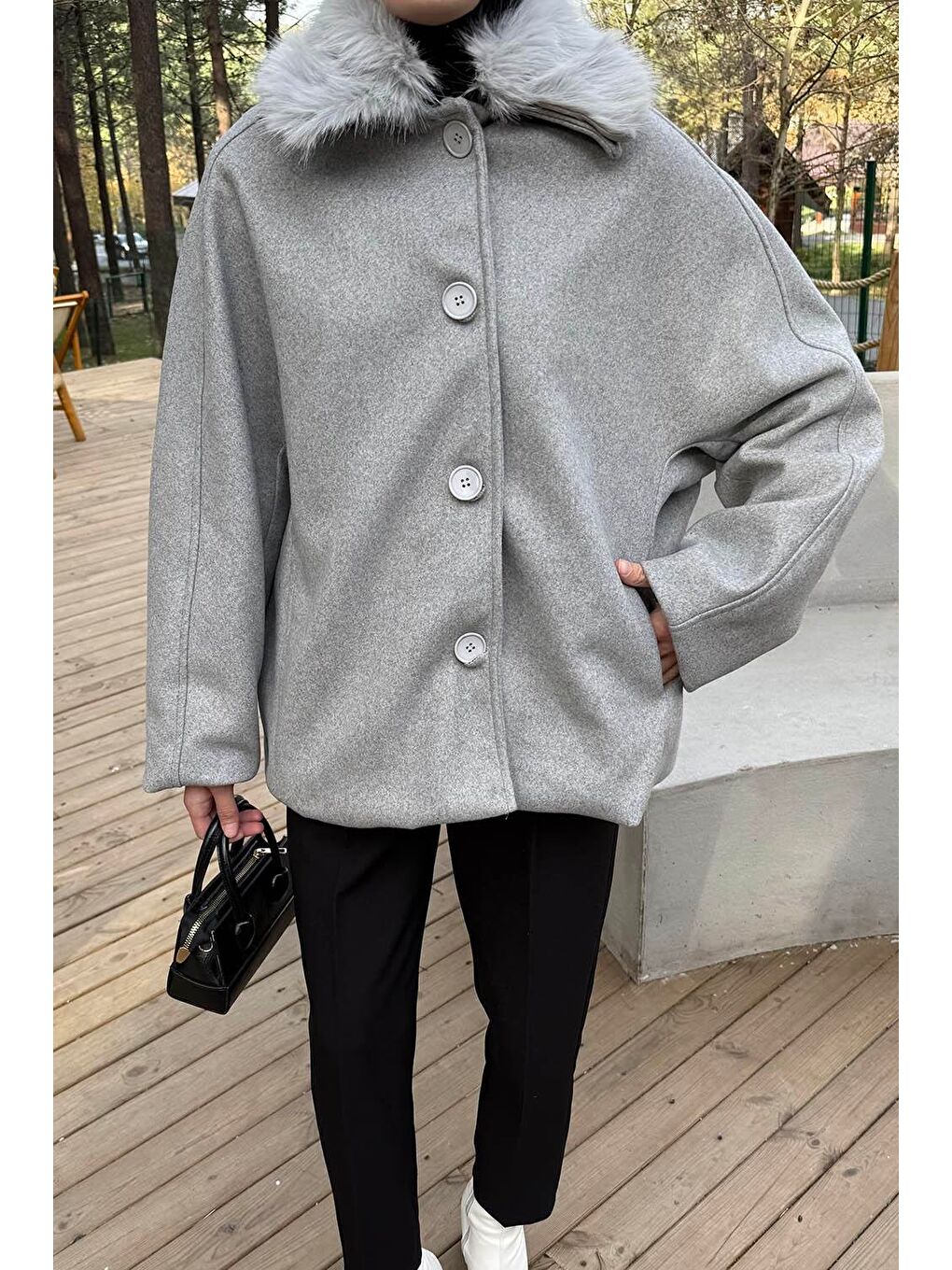 Kürk Yakalı Kaban Gri-2