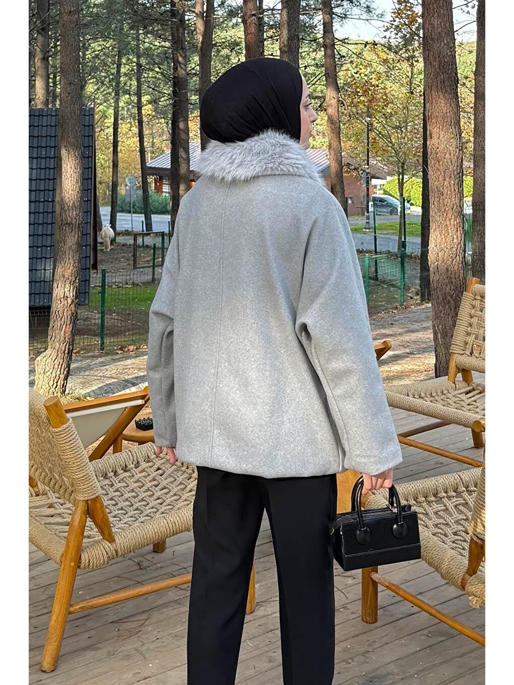 Kürk Yakalı Kaban Gri-3