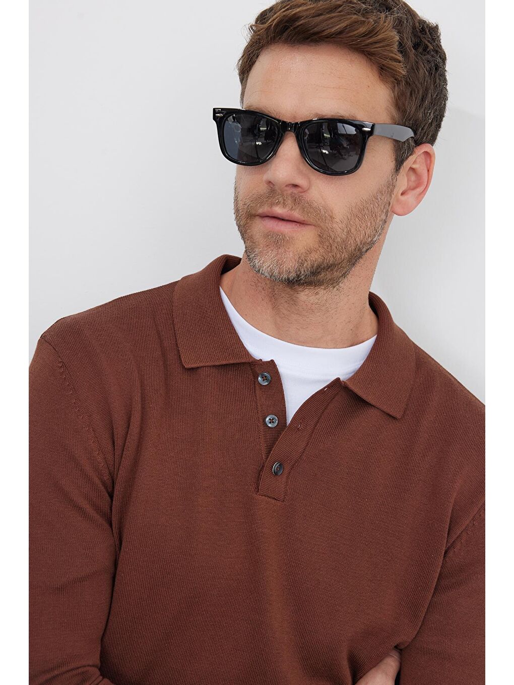 Erkek Standart Fit Normal Kesim Pamuklu Polo Yaka Kahverengi Kazak-1