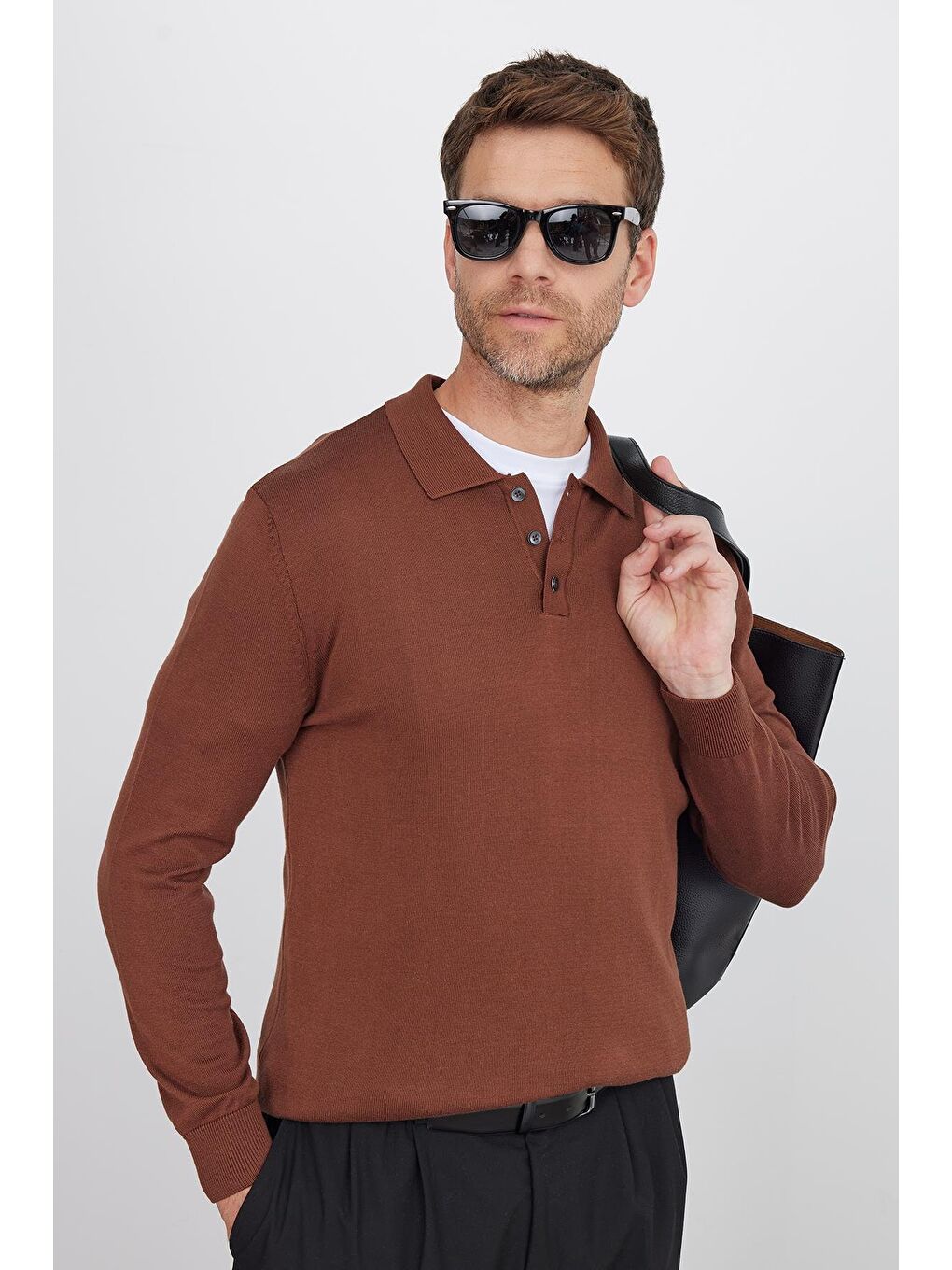 Erkek Standart Fit Normal Kesim Pamuklu Polo Yaka Kahverengi Kazak-3