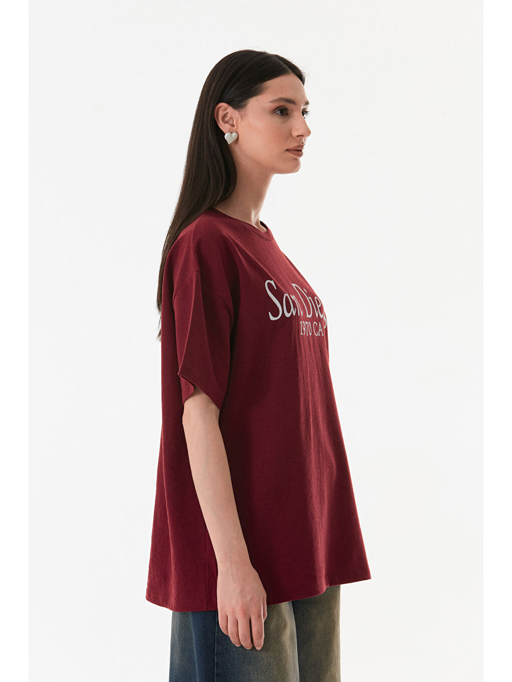 Bordo San Diego Baskılı Oversize Tişört-4