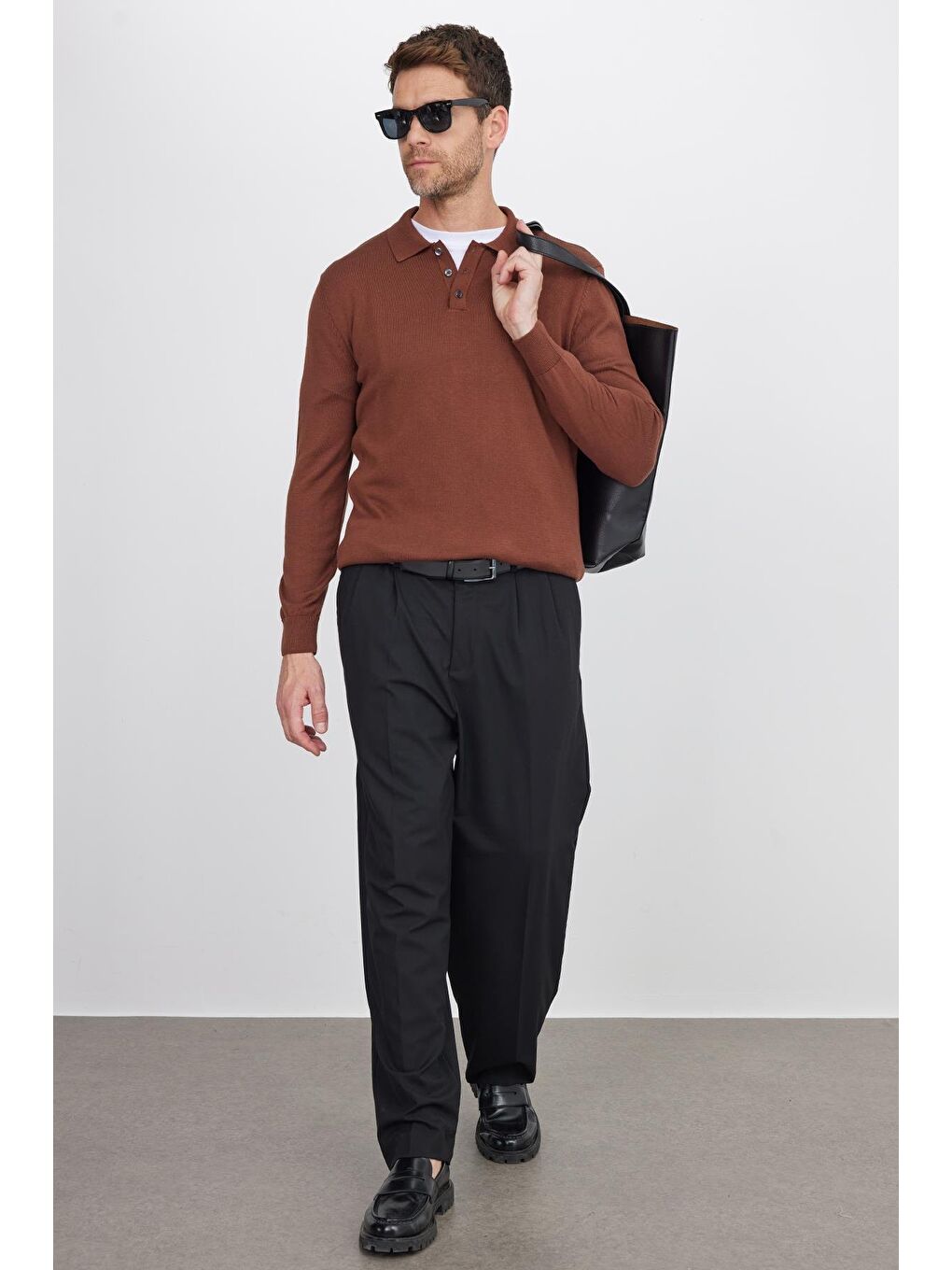 Erkek Standart Fit Normal Kesim Pamuklu Polo Yaka Kahverengi Kazak-4