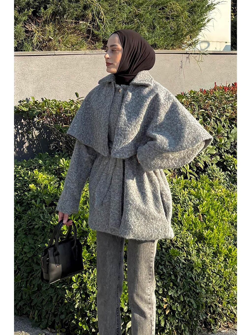 Bağlama Detaylı Pelerinli Kaban Gri-1