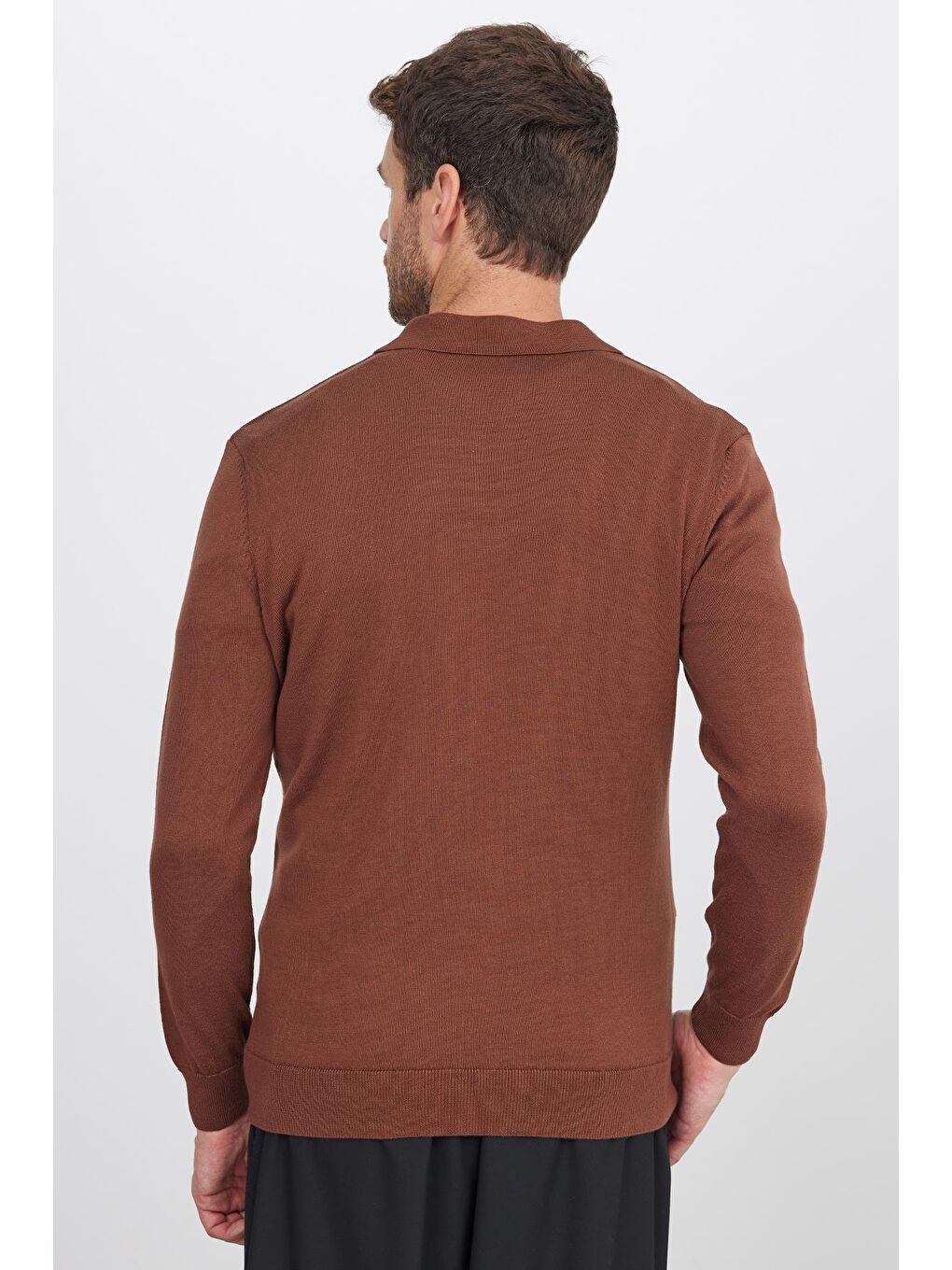 Erkek Standart Fit Normal Kesim Pamuklu Polo Yaka Kahverengi Kazak-6