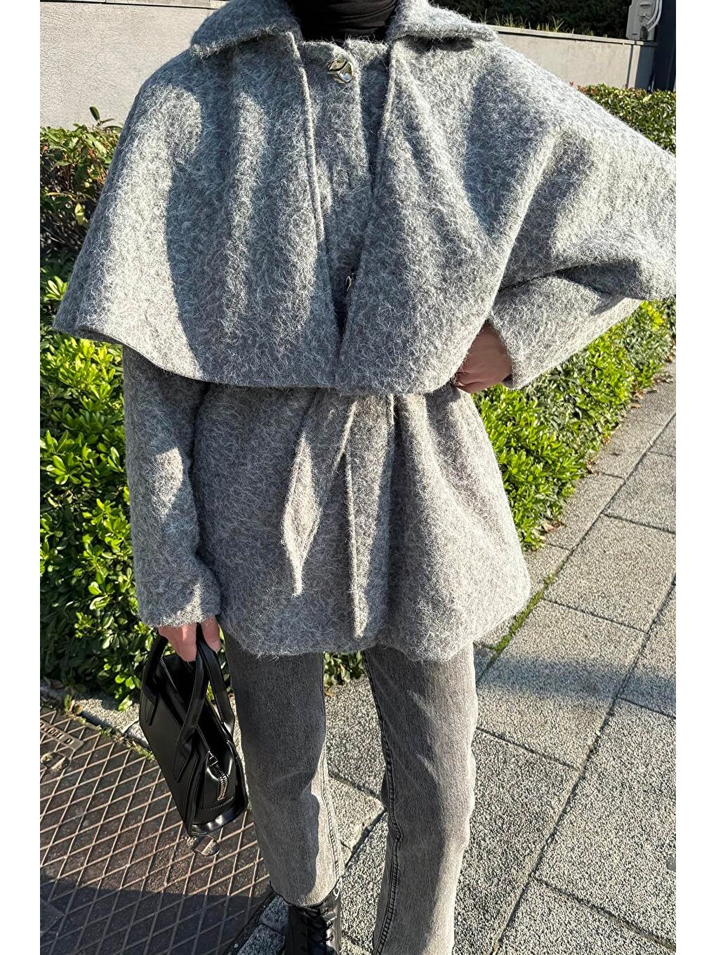 Bağlama Detaylı Pelerinli Kaban Gri-2