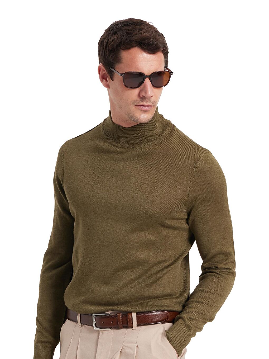 Erkek Standart Fit Normal Kesim Yarım Balıkçı Yaka Düz Haki Triko Kazak