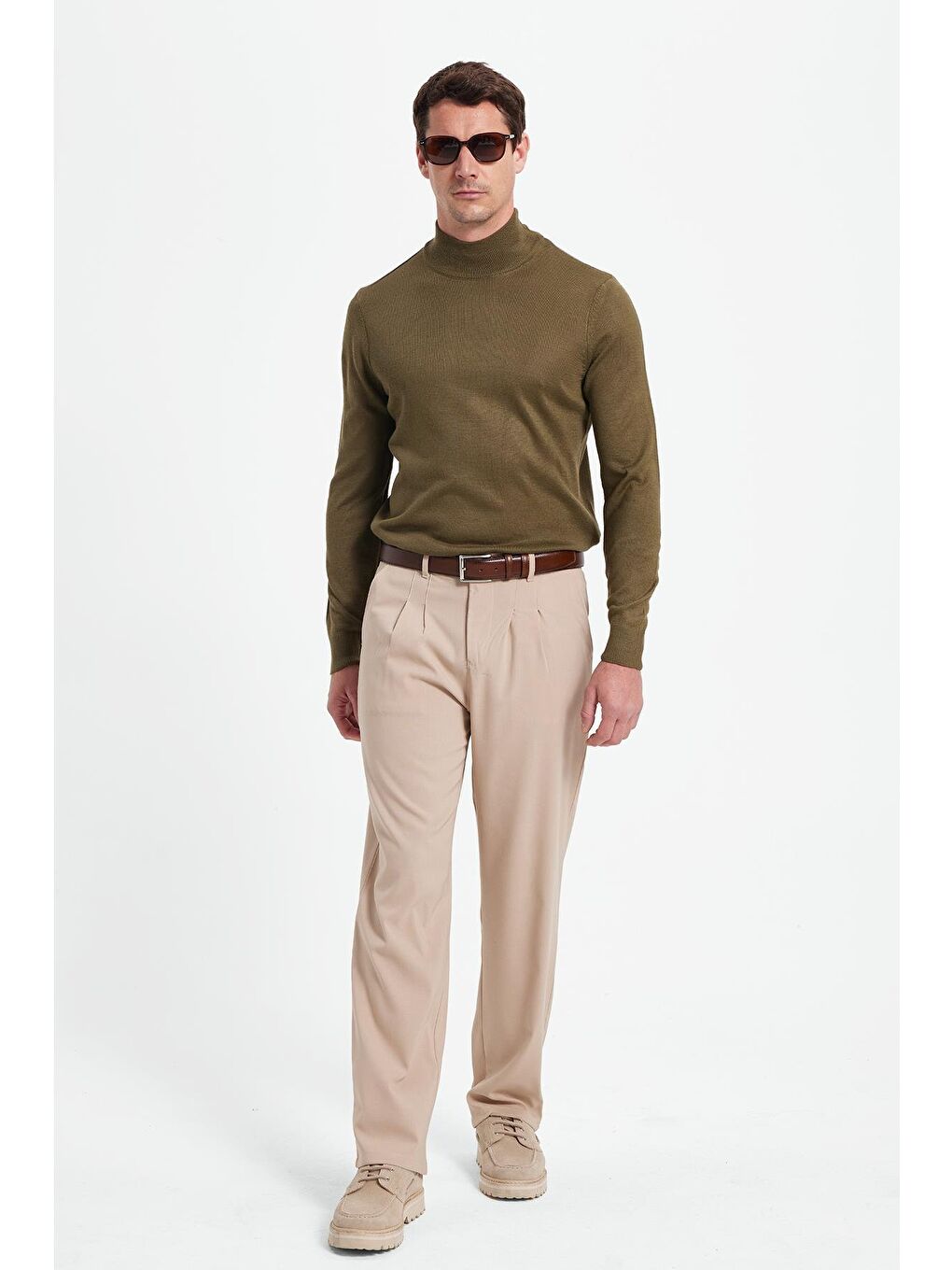 Erkek Standart Fit Normal Kesim Yarım Balıkçı Yaka Düz Haki Triko Kazak-1