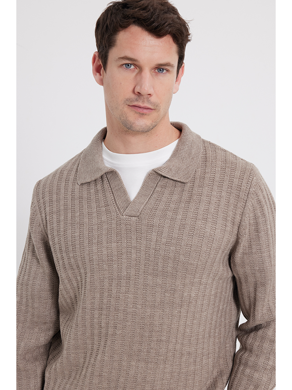 Erkek Standart Fit Normal Kesim Polo Yaka Kahverengi Kazak-1