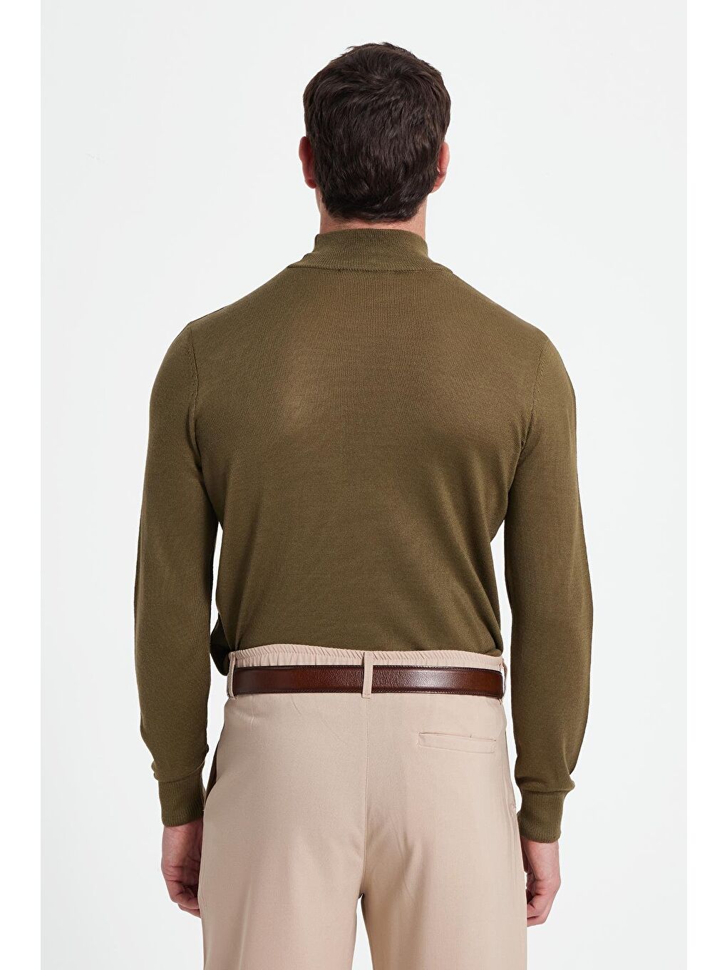Erkek Standart Fit Normal Kesim Yarım Balıkçı Yaka Düz Haki Triko Kazak-5