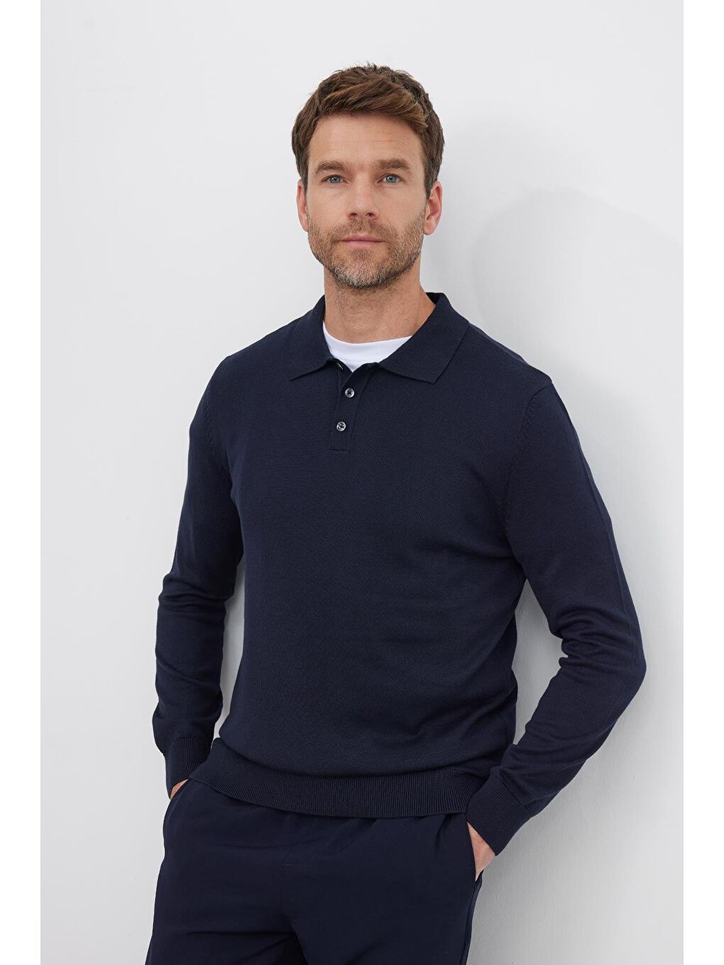 Erkek Standart Fit Normal Kesim Pamuklu Polo Yaka Lacivert Kazak