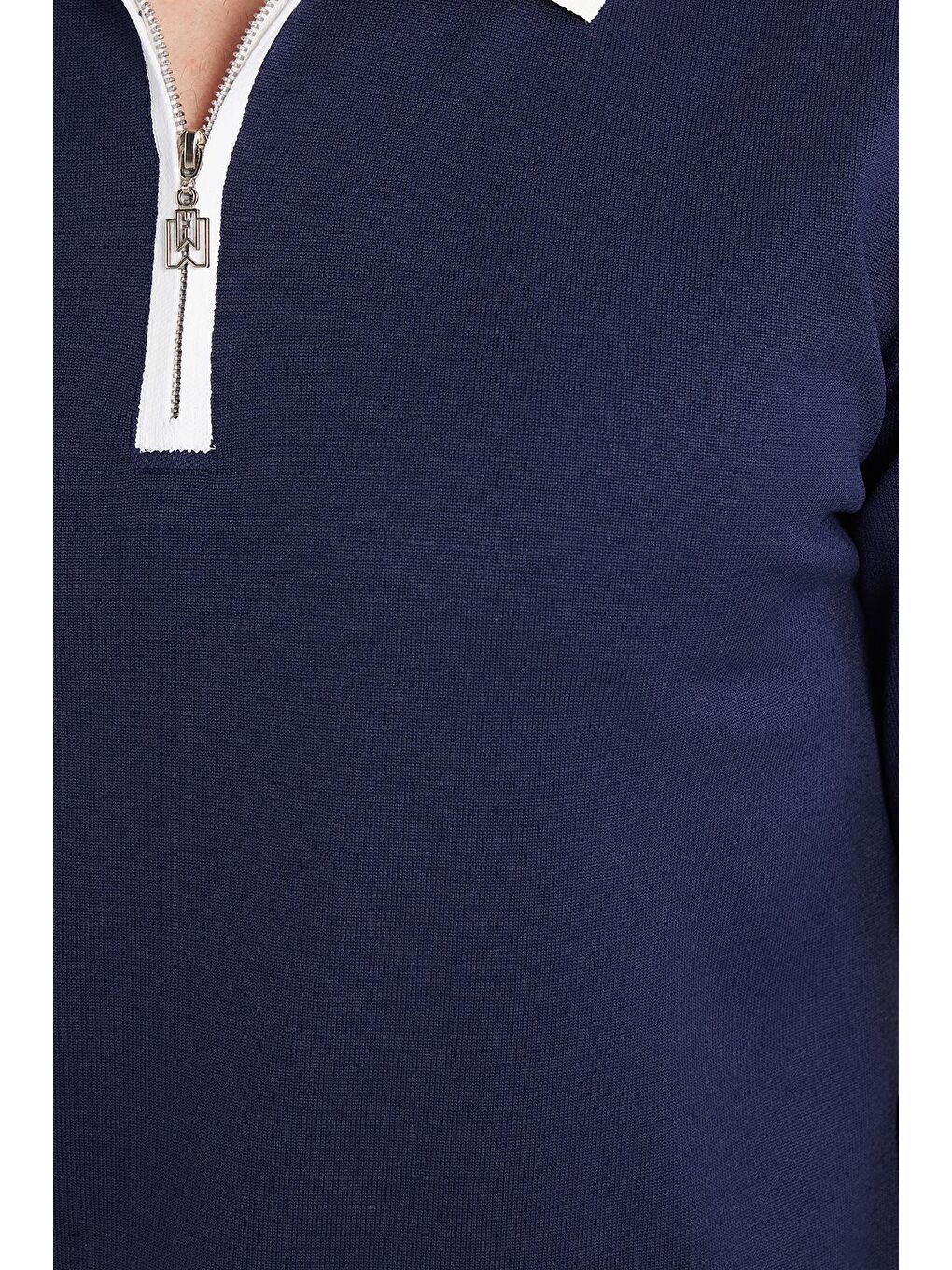 Erkek Standart Fit Uzun Kol Yarım Fermuarlı Polo Yaka Lacivert Kazak-2