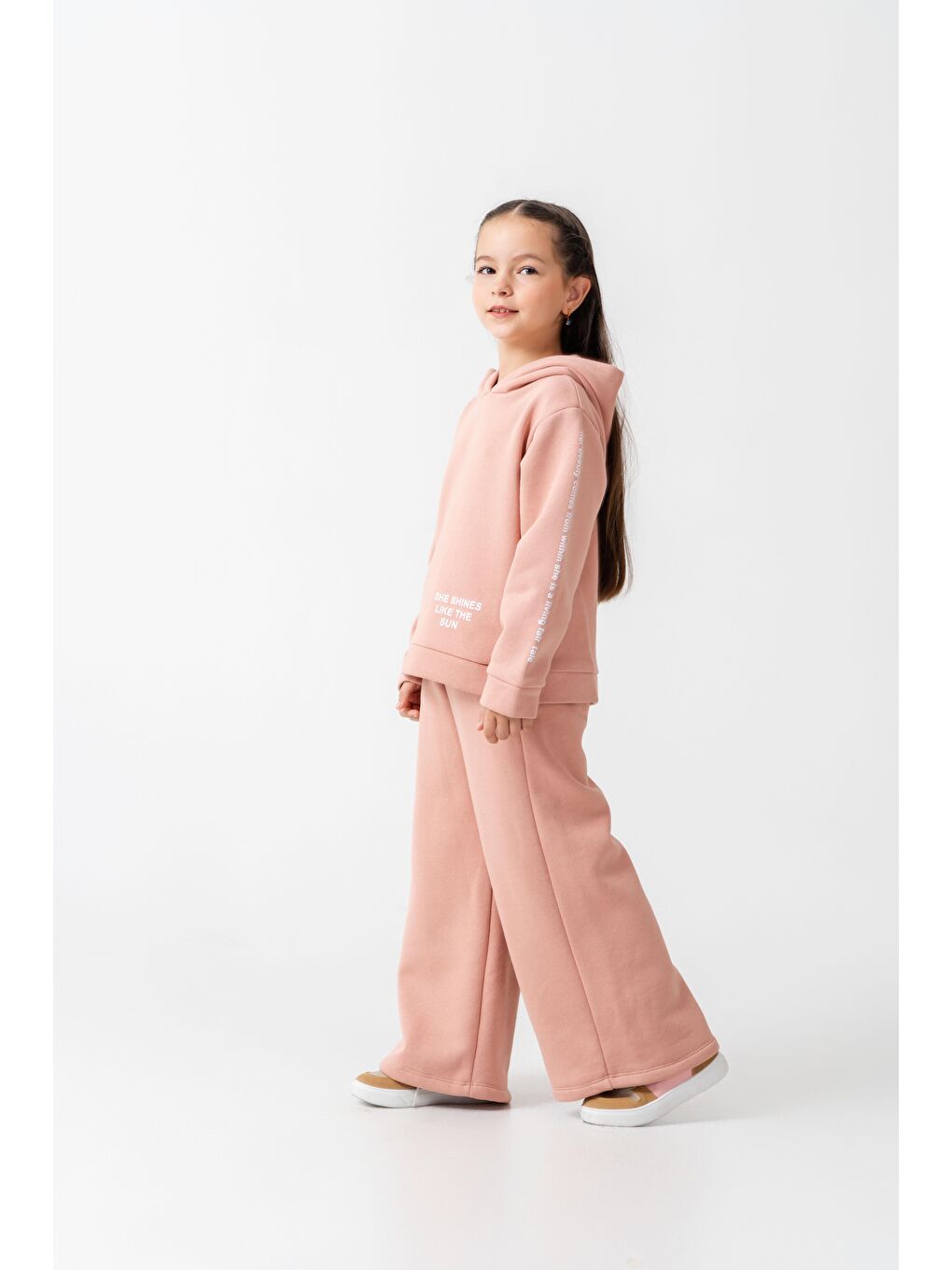 Pembe Kız Çocuk Pamuklu Pudra Kapüşonlu Sweatshirt Ve Bol Paça Eşofman Takım-1