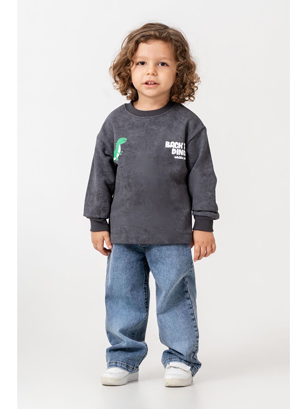 Antrasit Erkek Çocuk Pamuklu Füme Dinozor Baskılı Sweatshirt Ve Mavi Jean Pantolon Takım - Günlük Rahat Stil
