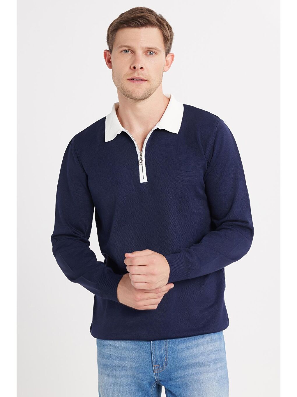Erkek Standart Fit Uzun Kol Yarım Fermuarlı Polo Yaka Lacivert Kazak-3