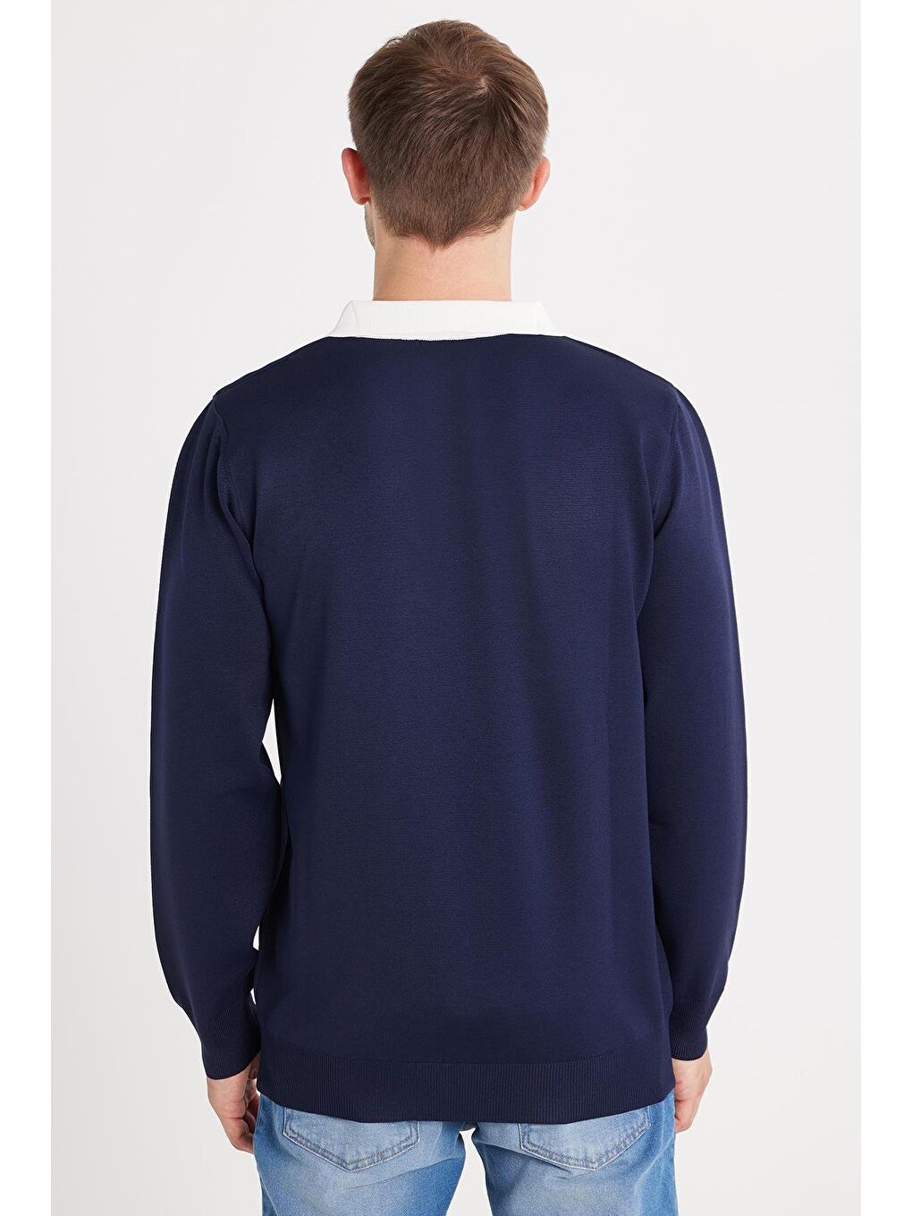 Erkek Standart Fit Uzun Kol Yarım Fermuarlı Polo Yaka Lacivert Kazak-4