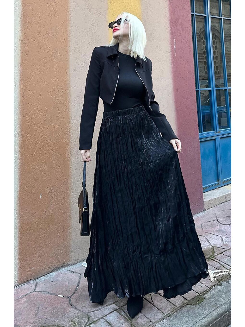 Parlak Siyah Kırışık Desen Kadın Etek Mg2290-3