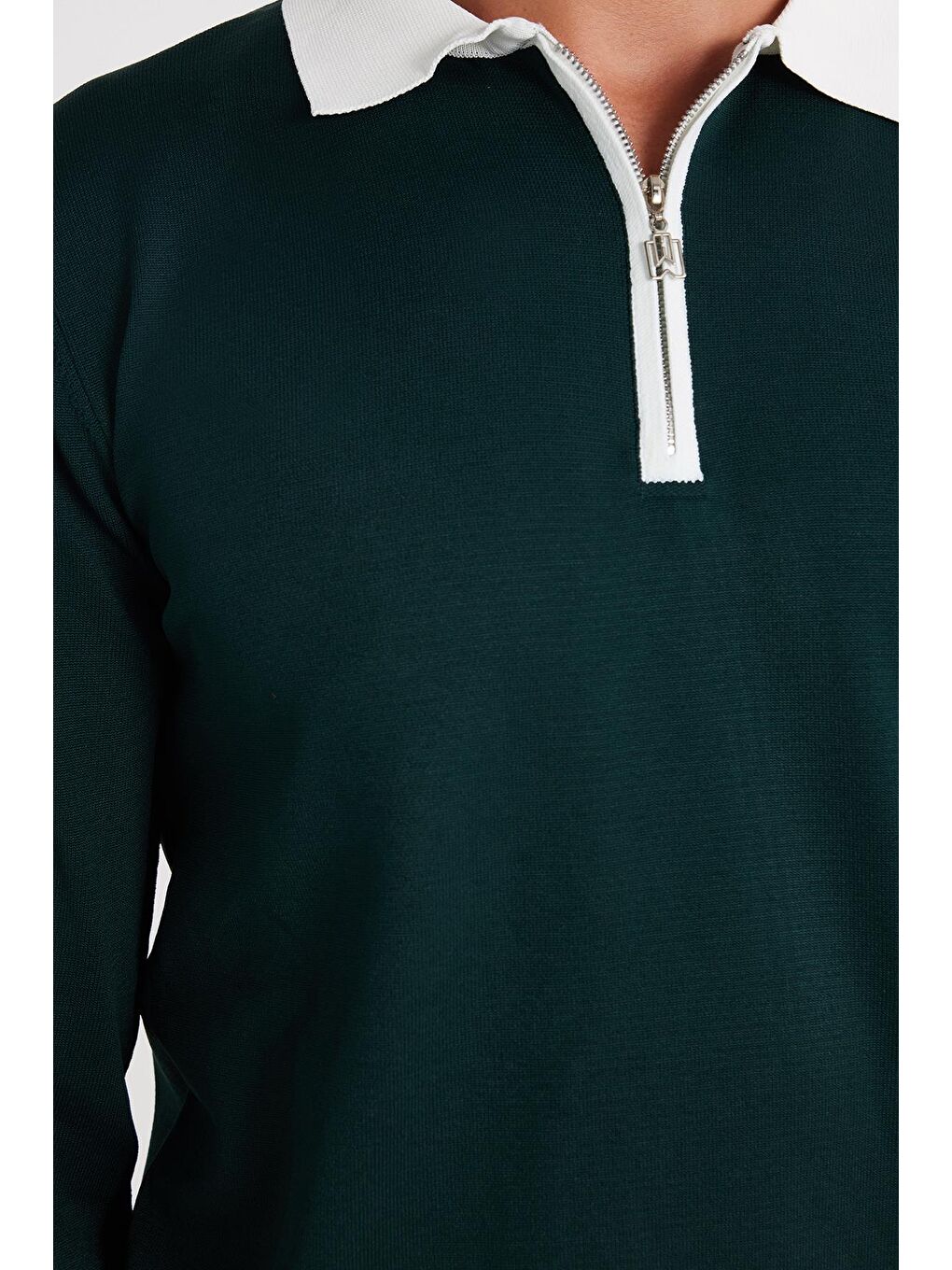 Erkek Standart Fit Uzun Kol Yarım Fermuarlı Polo Yaka Yeşil Kazak-2