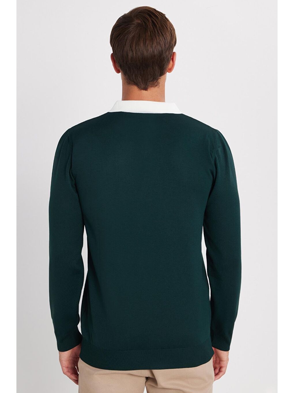 Erkek Standart Fit Uzun Kol Yarım Fermuarlı Polo Yaka Yeşil Kazak-4