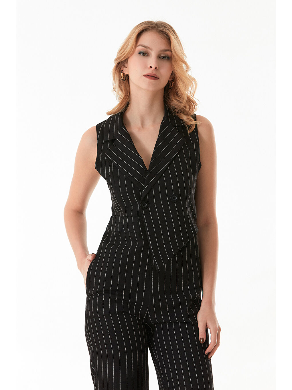 Siyah Çizgili Kruvaze Yaka Tulum-3