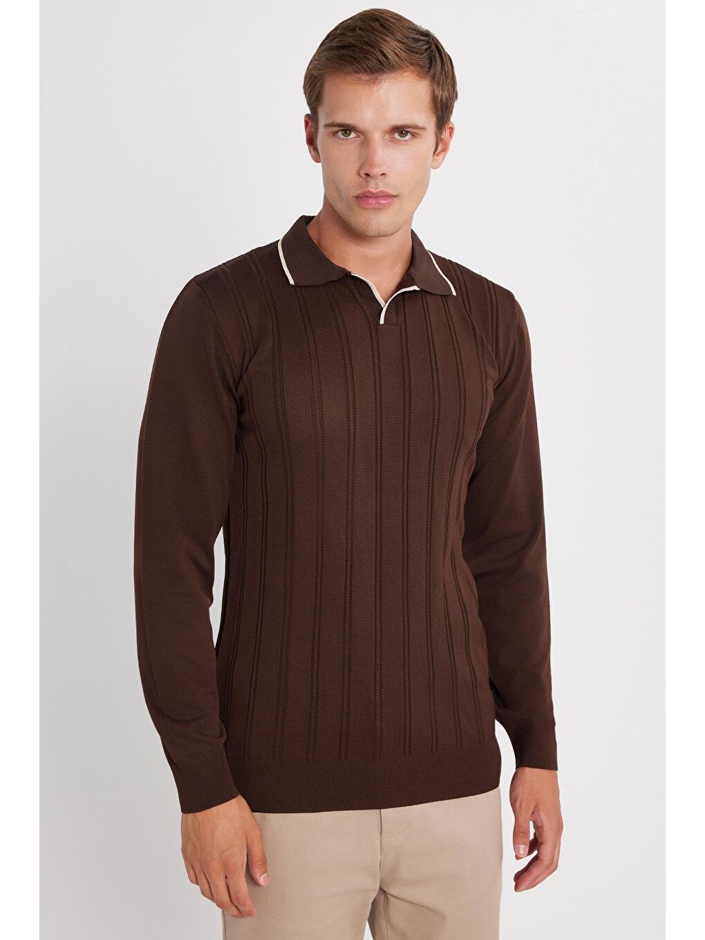 Erkek Slim Fit Dar Kesim Çizgi Detaylı Kahverengi Polo Yaka Kazak