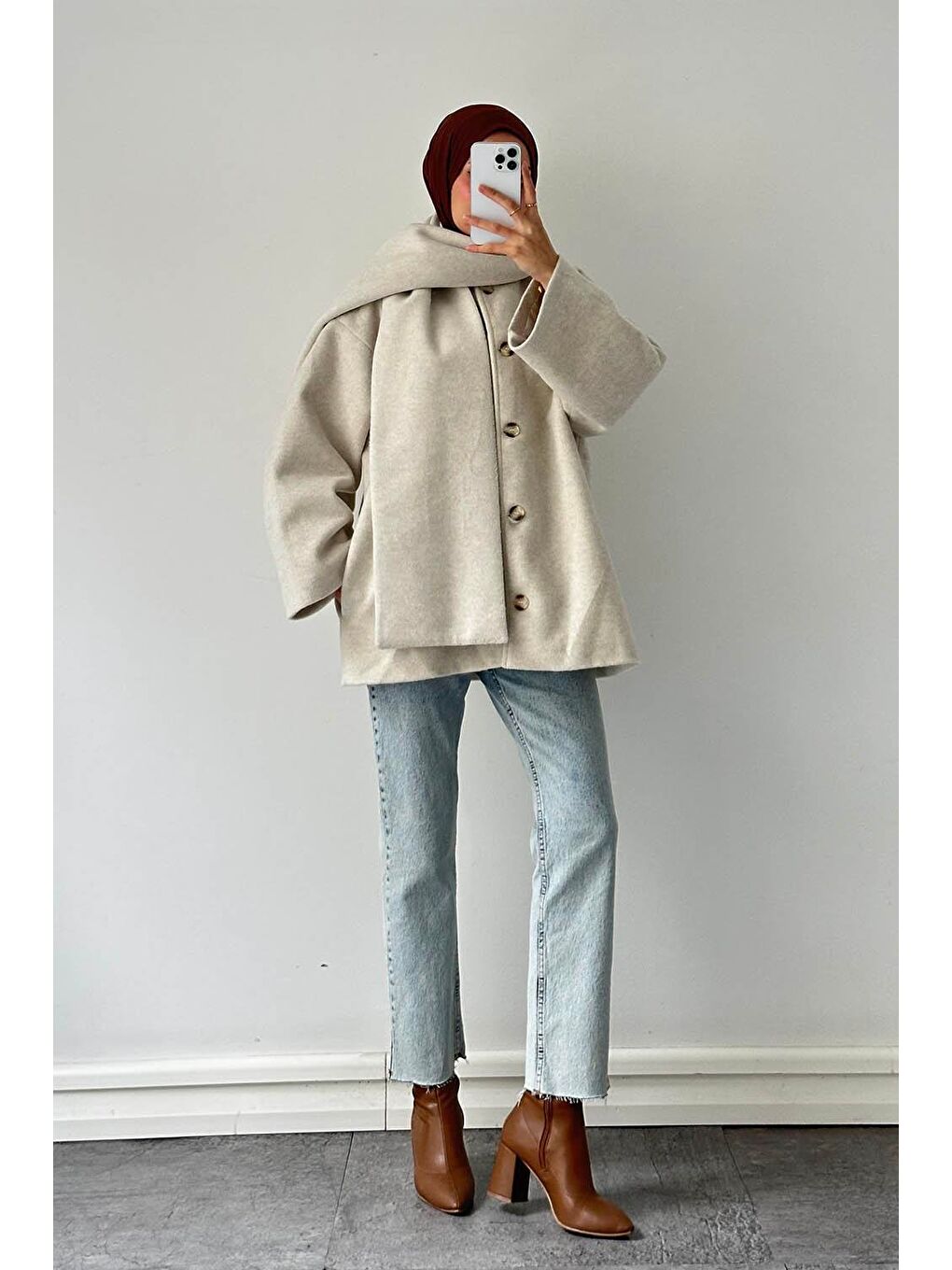 Bej Şal Yaka Kaşe Kaban Taş