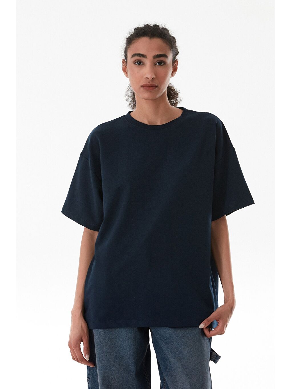 Lacivert Basic Bisiklet Yaka Oversize Tişört