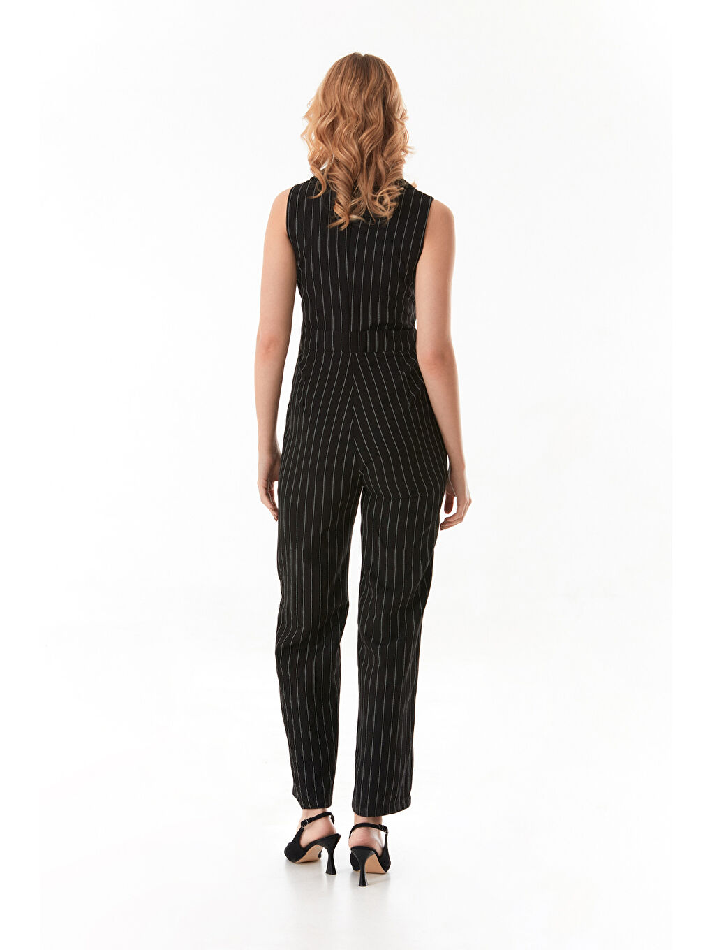 Siyah Çizgili Kruvaze Yaka Tulum-4