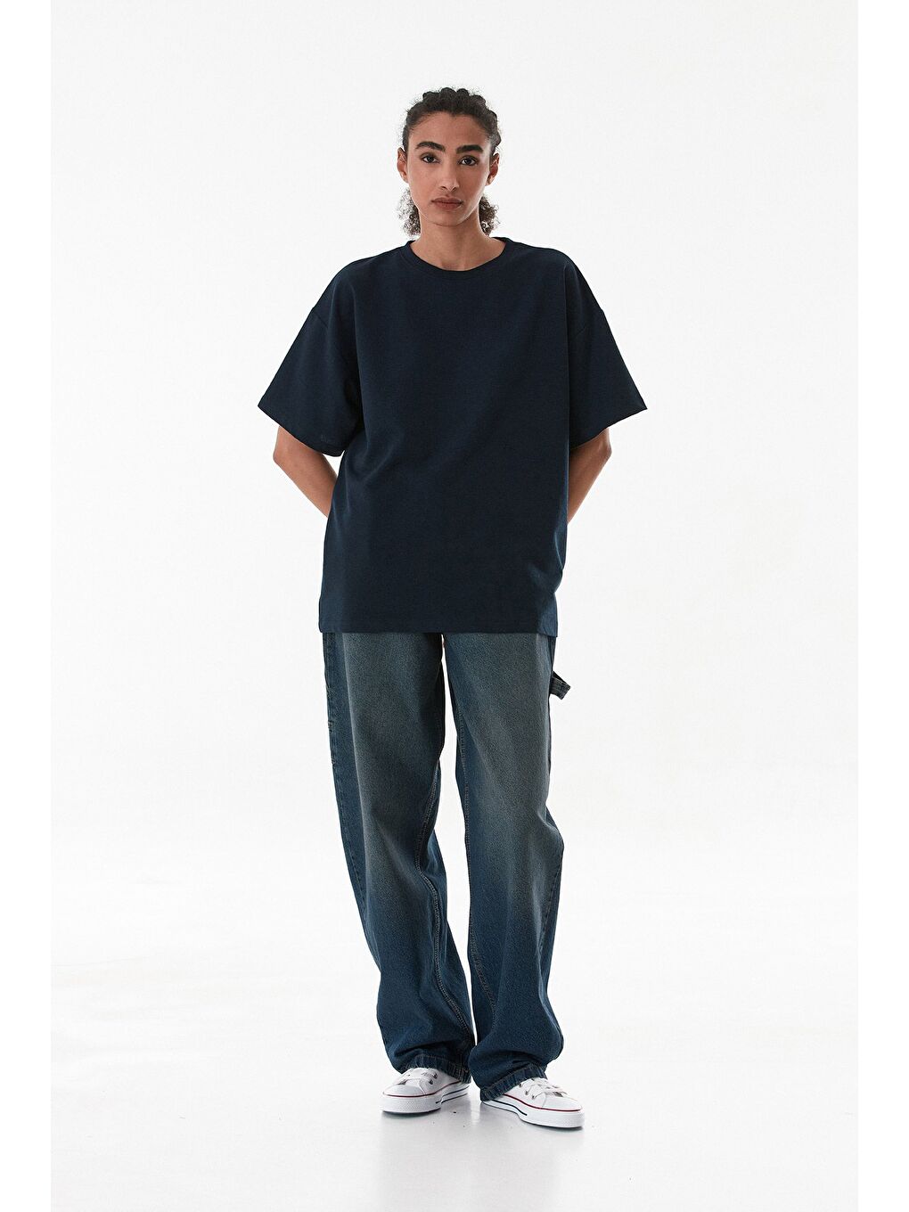 Lacivert Basic Bisiklet Yaka Oversize Tişört-1