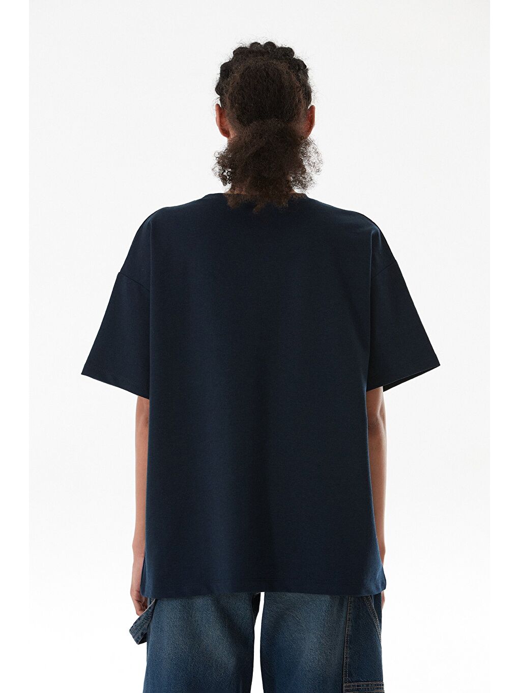 Lacivert Basic Bisiklet Yaka Oversize Tişört-2