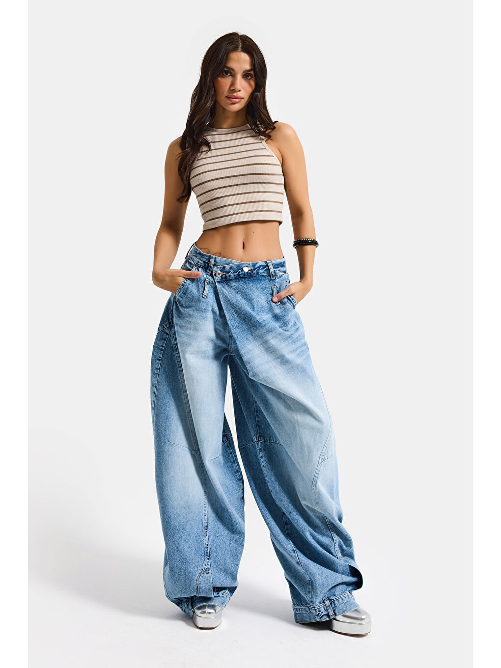 Kadın Mavi 4s6-3 Süper Baggy Fit Kemer Detaylı Özel Tasarım Denim Jean-1