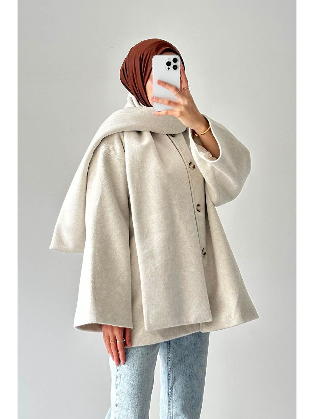 Bej Şal Yaka Kaşe Kaban Taş-1