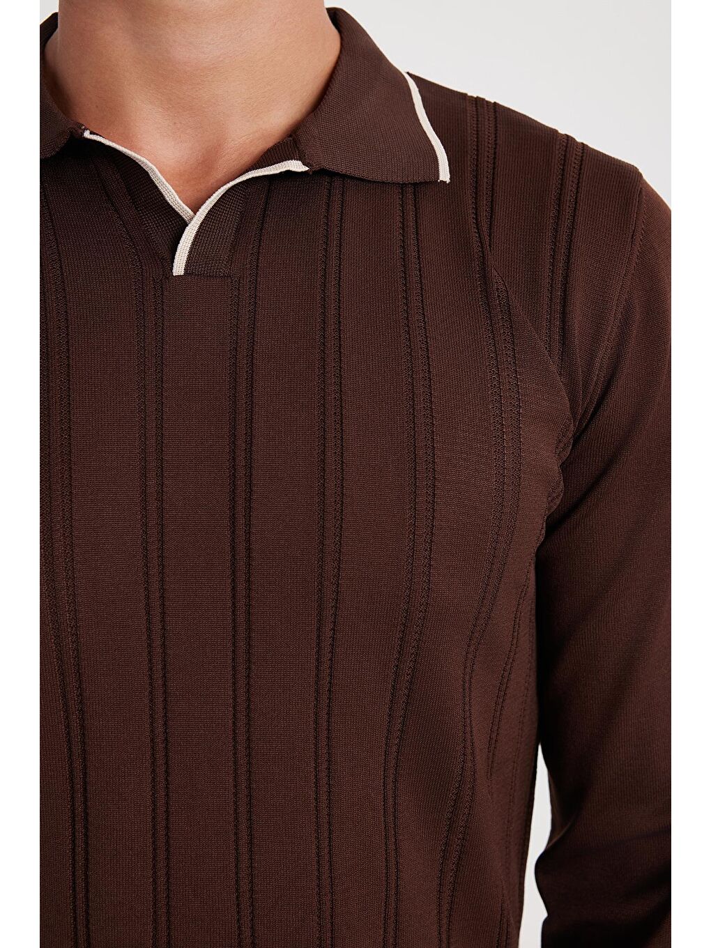 Erkek Slim Fit Dar Kesim Çizgi Detaylı Kahverengi Polo Yaka Kazak-2