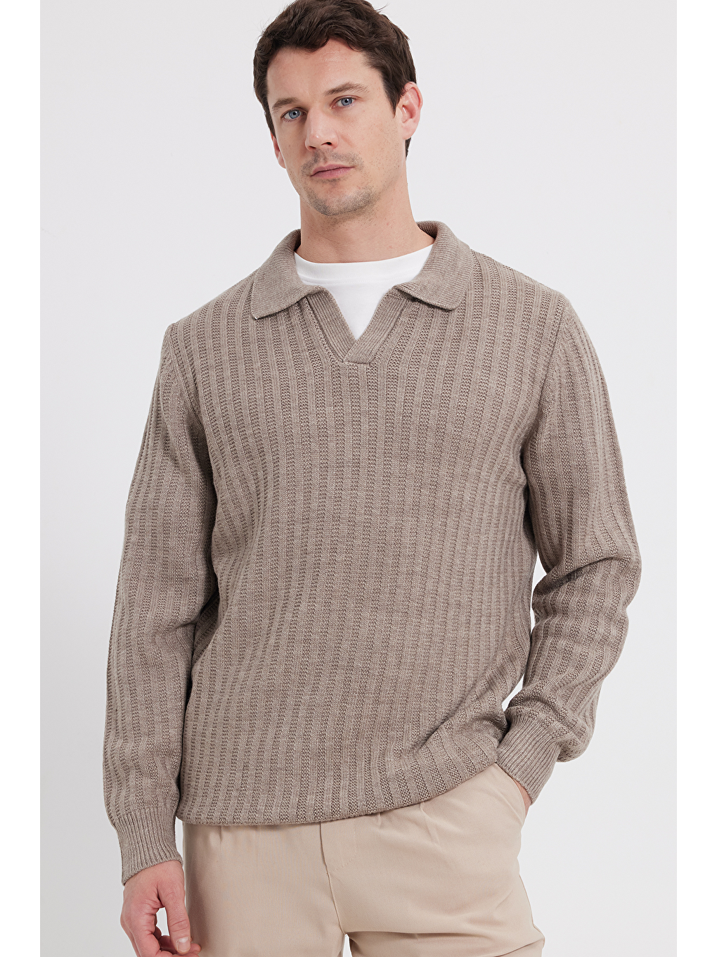 Erkek Standart Fit Normal Kesim Polo Yaka Kahverengi Kazak-5