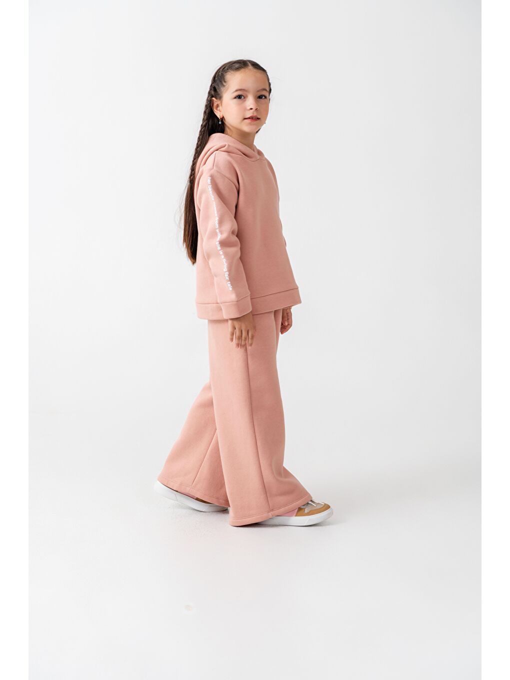 Pembe Kız Çocuk Pamuklu Pudra Kapüşonlu Sweatshirt Ve Bol Paça Eşofman Takım-2