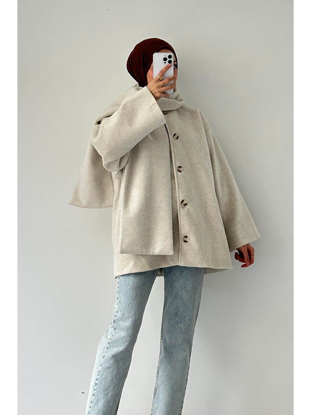 Bej Şal Yaka Kaşe Kaban Taş-2