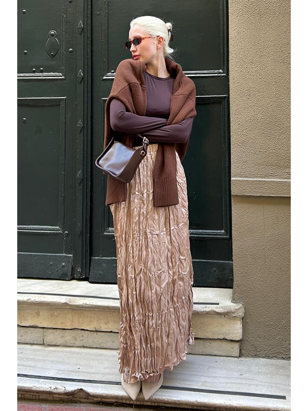 Parlak Bej Kırışık Desen Kadın Etek Mg2290-3