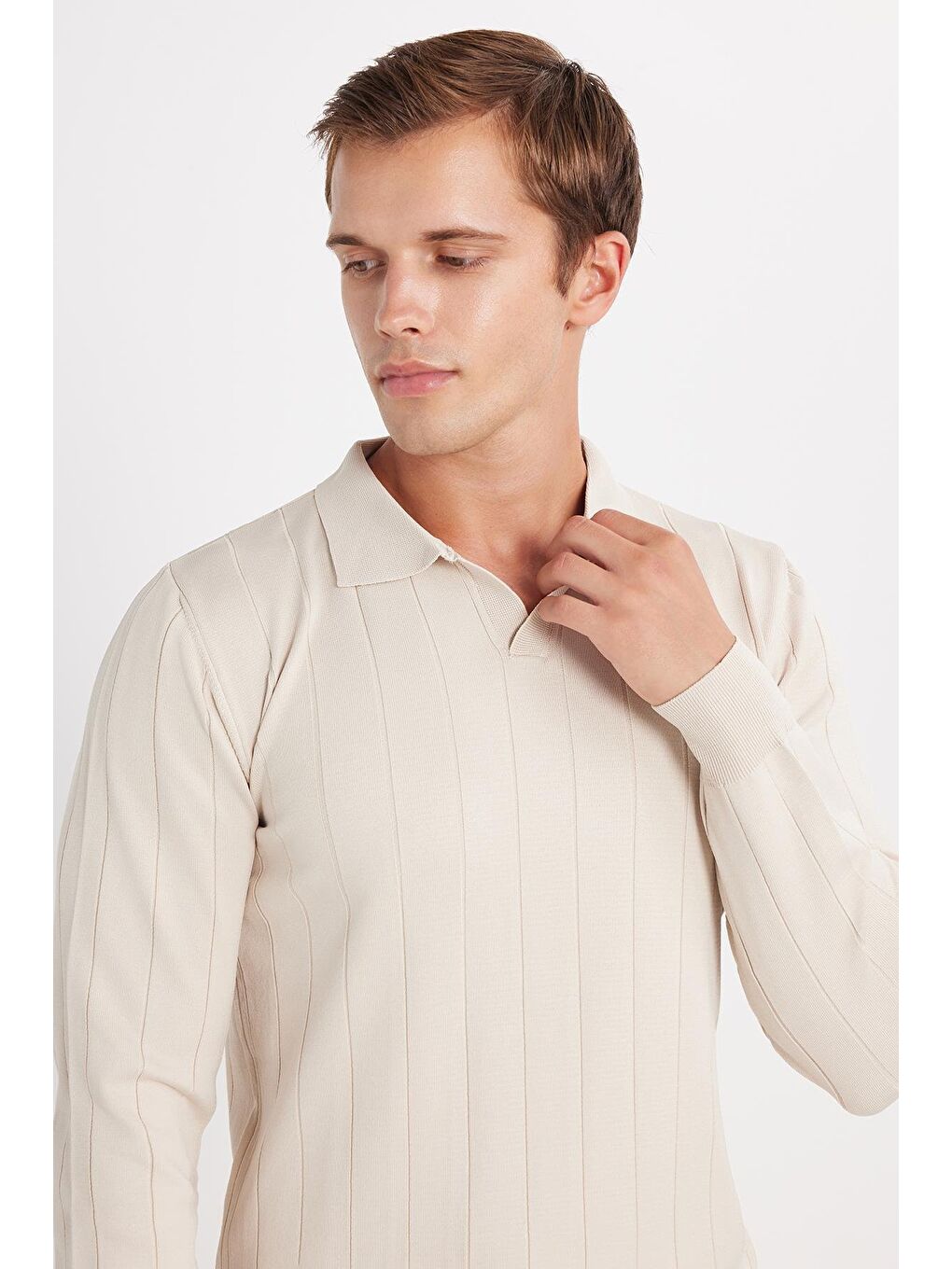 Bej Erkek Slim Fit Dar Kesim Uzun Kol Polo Yaka Çizgili Taş Kazak-1