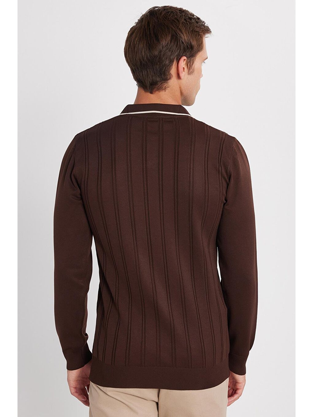 Erkek Slim Fit Dar Kesim Çizgi Detaylı Kahverengi Polo Yaka Kazak-4